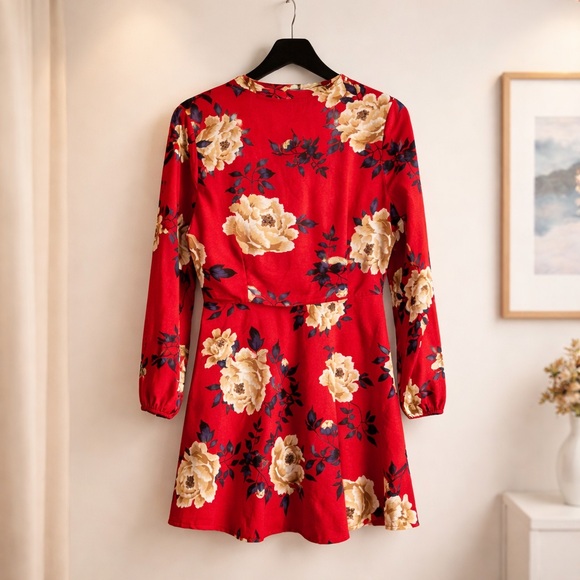 Red Floral Midi Shirt Dress with Button Front Size 12 - Picture 2 of 5